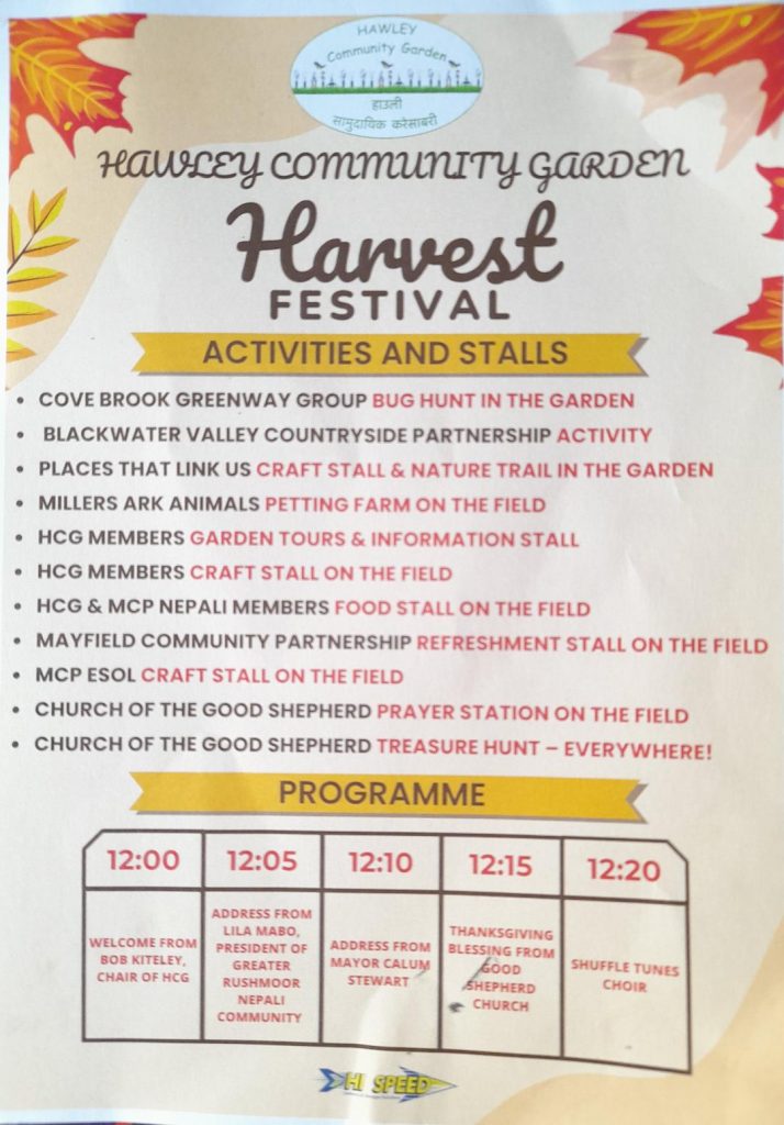 The flyer for the event showing the stalls and the timetable